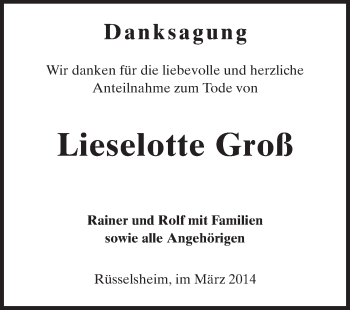 Traueranzeige von Lieselotte Groß von Rüsselsheimer Echo, Groß-Gerauer-Echo, Ried Echo