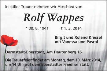 Traueranzeige von Rolf Wappes von Echo-Zeitungen (Gesamtausgabe)