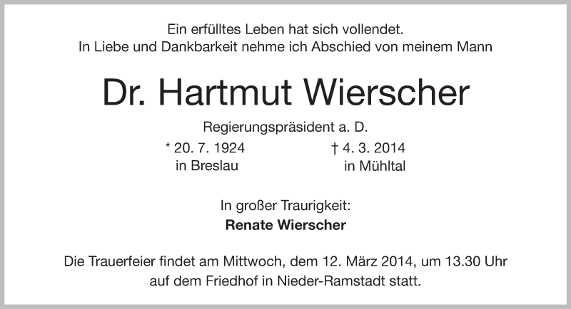  Traueranzeige für Hartmut Wierscher vom 08.03.2014 aus Echo-Zeitungen (Gesamtausgabe)