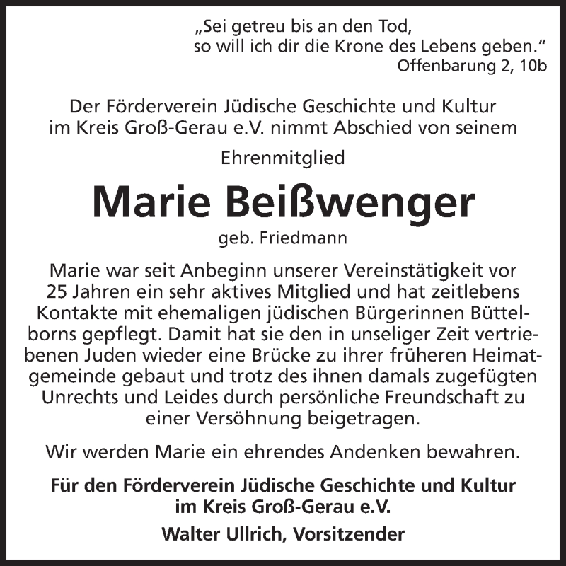  Traueranzeige für Marie Beißwenger vom 06.03.2014 aus Rüsselsheimer Echo, Groß-Gerauer-Echo, Ried Echo