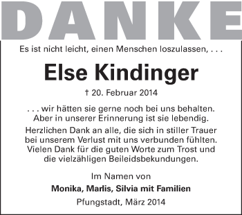 Traueranzeige von Else Kindinger von Echo-Zeitungen (Gesamtausgabe)