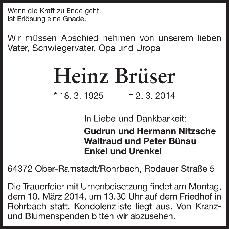  Traueranzeige für Heinz Brüser vom 06.03.2014 aus Echo-Zeitungen (Gesamtausgabe)