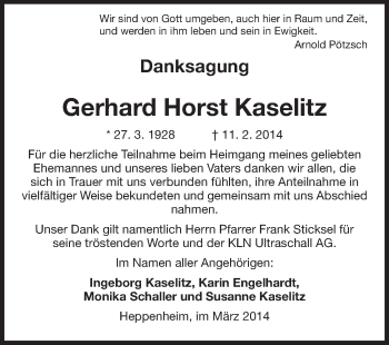 Traueranzeige von Gerhard Horst Kaselitz von Starkenburger Echo