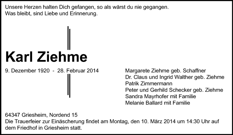  Traueranzeige für Karl Ziehme vom 08.03.2014 aus Echo-Zeitungen (Gesamtausgabe)