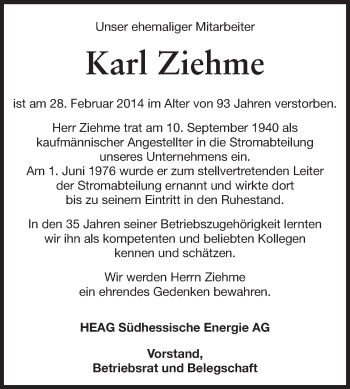 Traueranzeige von Karl Ziehme von Echo-Zeitungen (Gesamtausgabe)