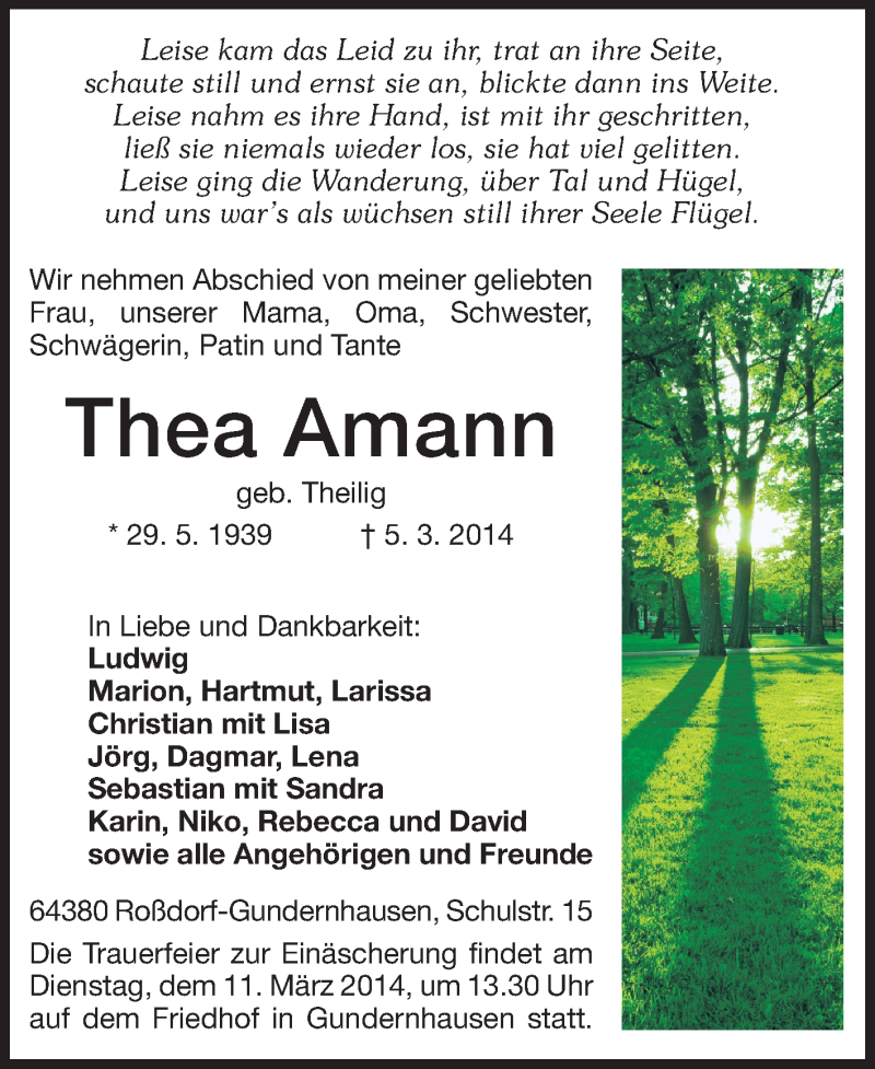  Traueranzeige für Thea Amann vom 08.03.2014 aus Echo-Zeitungen (Gesamtausgabe)