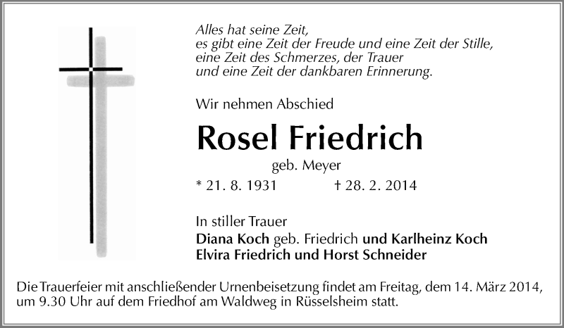  Traueranzeige für Rosel Friedrich vom 08.03.2014 aus Rüsselsheimer Echo, Groß-Gerauer-Echo, Ried Echo