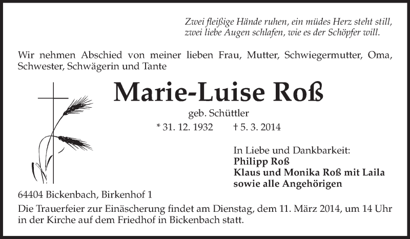  Traueranzeige für Marie-Luise Roß vom 08.03.2014 aus Echo-Zeitungen (Gesamtausgabe)