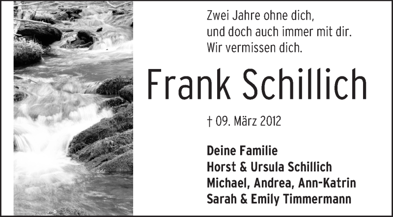 Traueranzeige für Frank Schillich vom 08.03.2014 aus Rüsselsheimer Echo, Groß-Gerauer-Echo, Ried Echo