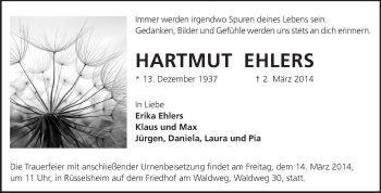 Traueranzeige von Hartmut Ehlers von Rüsselsheimer Echo, Groß-Gerauer-Echo, Ried Echo