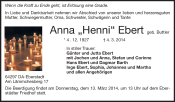 Traueranzeige von Anna Ebert von Echo-Zeitungen (Gesamtausgabe)