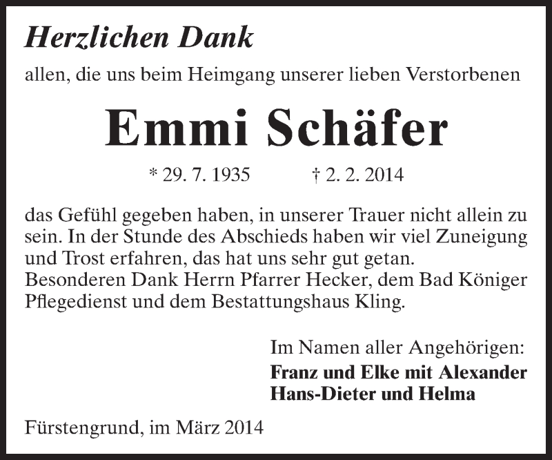  Traueranzeige für Emmi Schäfer vom 10.03.2014 aus Odenwälder Echo
