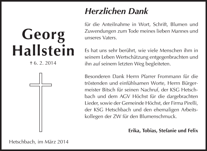  Traueranzeige für Georg Hallstein vom 13.03.2014 aus Odenwälder Echo
