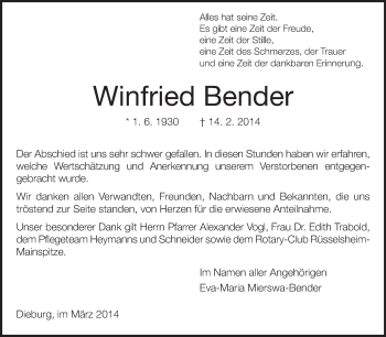 Traueranzeige von Winfried Bender von Echo-Zeitungen (Gesamtausgabe)