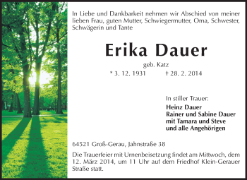 Traueranzeige von Erika Dauer von Rüsselsheimer Echo, Groß-Gerauer-Echo, Ried Echo