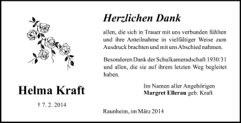 Traueranzeige von Helma Kraft von Rüsselsheimer Echo, Groß-Gerauer-Echo, Ried Echo