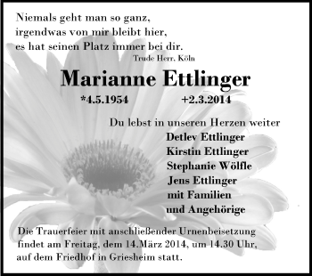 Traueranzeige von Marianne Ettlinger von Echo-Zeitungen (Gesamtausgabe)
