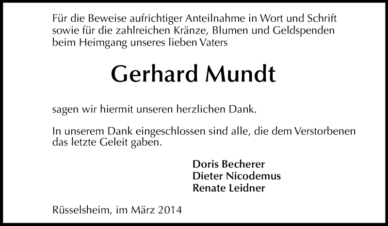  Traueranzeige für Gerhard Mundt vom 08.03.2014 aus Rüsselsheimer Echo, Groß-Gerauer-Echo, Ried Echo
