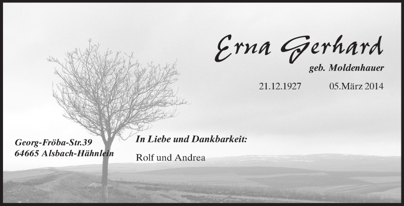 Traueranzeige für Erna Gerhard vom 08.03.2014 aus Echo-Zeitungen (Gesamtausgabe)