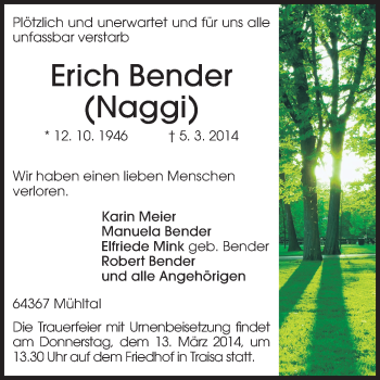 Traueranzeige von Erich Bender von Darmstädter Echo