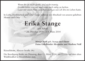 Traueranzeige von Erika Stange von Rüsselsheimer Echo, Groß-Gerauer-Echo, Ried Echo