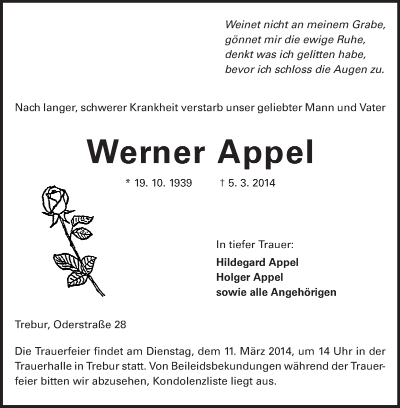  Traueranzeige für Werner Appel vom 08.03.2014 aus Rüsselsheimer Echo, Groß-Gerauer-Echo, Ried Echo