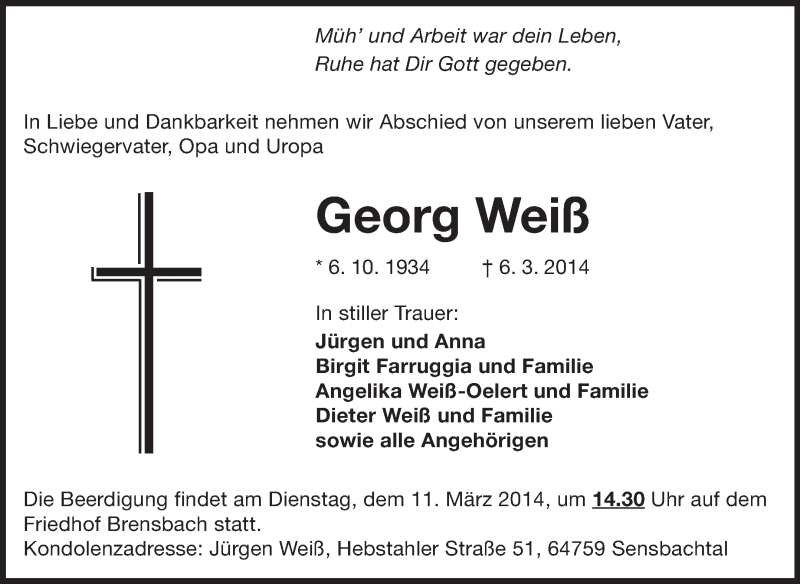  Traueranzeige für Georg Weiß vom 08.03.2014 aus Odenwälder Echo