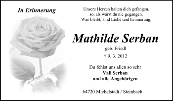 Traueranzeige von Mathilde Serban von Odenwälder Echo