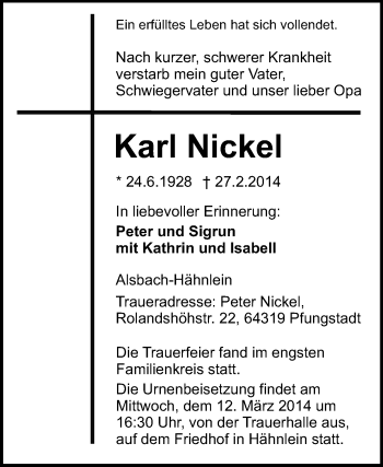 Traueranzeige von Karl Nickel von Echo-Zeitungen (Gesamtausgabe)