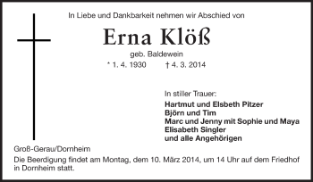 Traueranzeige von Erna Klöß von Rüsselsheimer Echo, Groß-Gerauer-Echo, Ried Echo