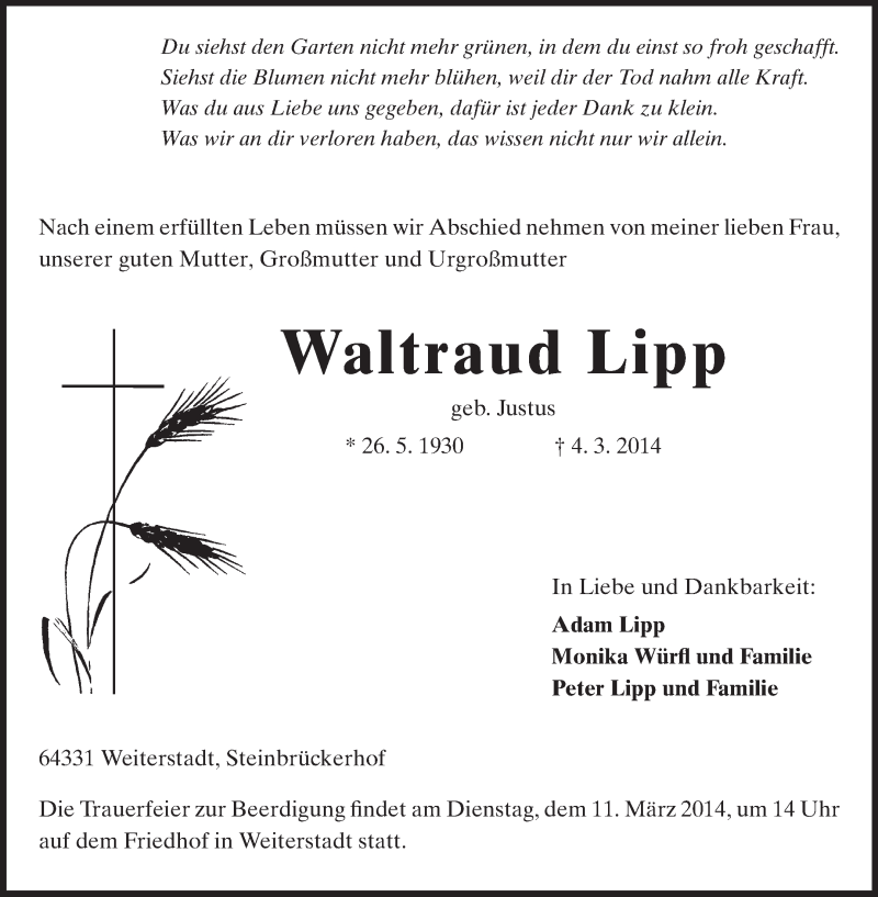  Traueranzeige für Waltraud Lipp vom 08.03.2014 aus Echo-Zeitungen (Gesamtausgabe)