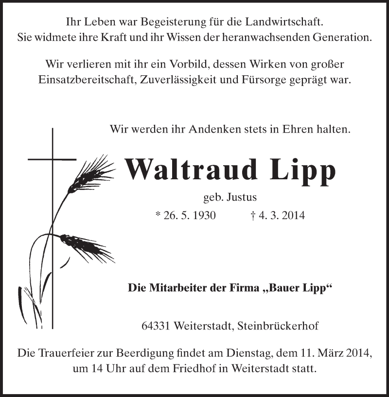  Traueranzeige für Waltraud Lipp vom 08.03.2014 aus Echo-Zeitungen (Gesamtausgabe)
