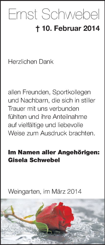  Traueranzeige für Ernst Schwebel vom 08.03.2014 aus Echo-Zeitungen (Gesamtausgabe)