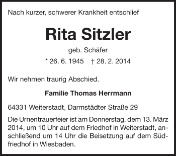 Traueranzeige von Rita Schnitzler von Echo-Zeitungen (Gesamtausgabe)