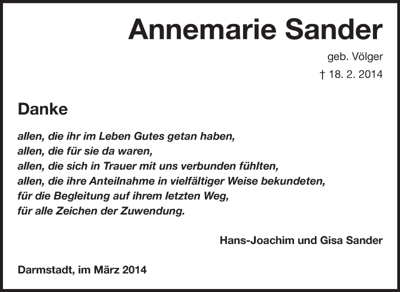  Traueranzeige für Annemarie Sander vom 08.03.2014 aus Echo-Zeitungen (Gesamtausgabe)