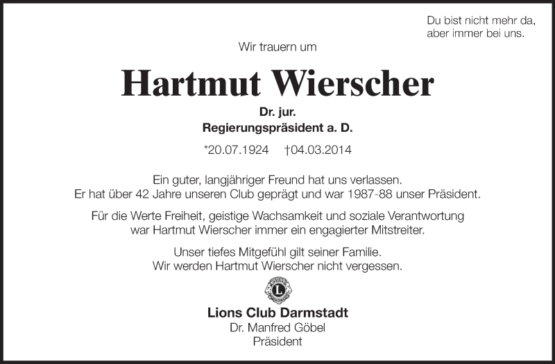  Traueranzeige für Hartmut Wierscher vom 08.03.2014 aus Echo-Zeitungen (Gesamtausgabe)