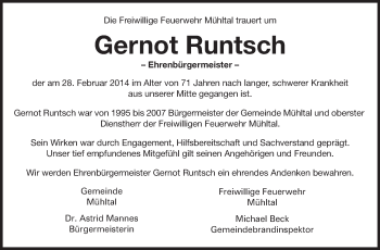 Traueranzeige von Gernot Runtsch von Echo-Zeitungen (Gesamtausgabe)
