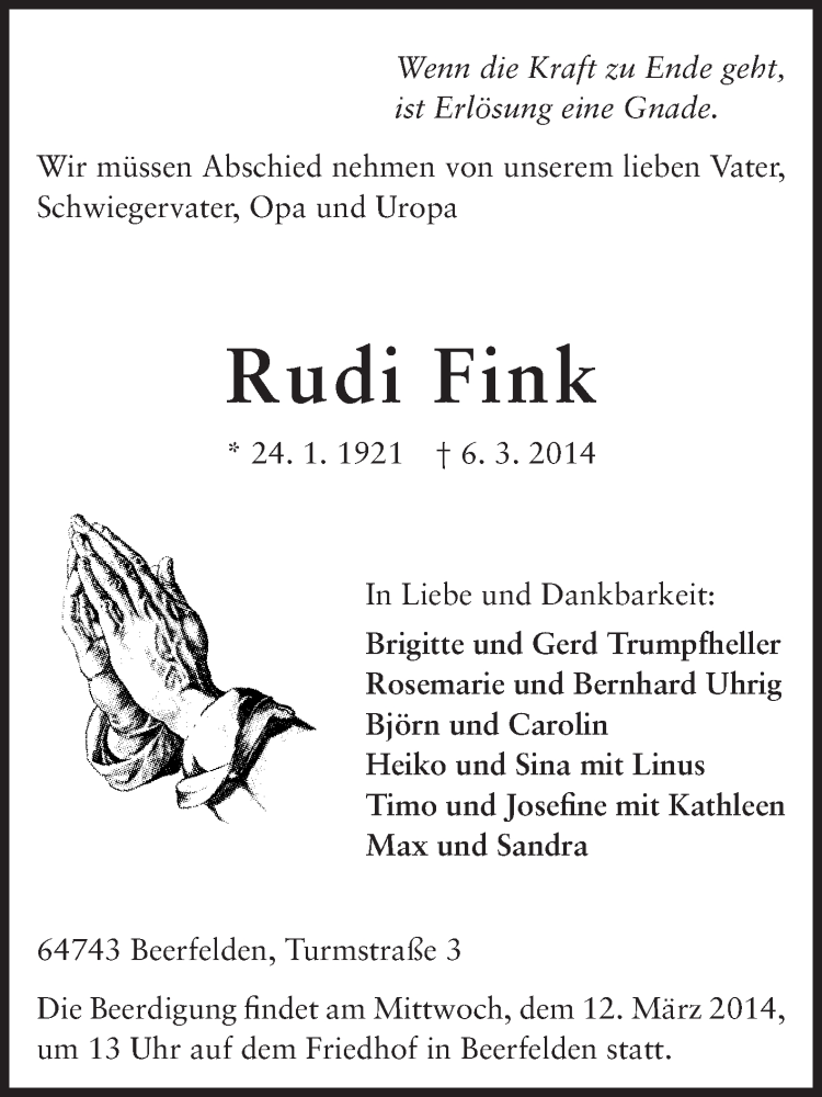  Traueranzeige für Rudi Fink vom 11.03.2014 aus Odenwälder Echo