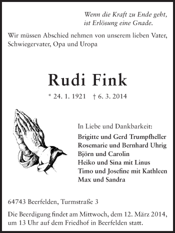 Traueranzeige von Rudi Fink von Odenwälder Echo