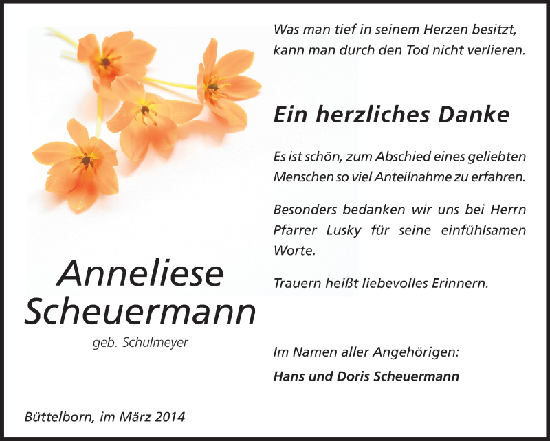  Traueranzeige für Anneliese Scheuermann vom 15.03.2014 aus Rüsselsheimer Echo, Groß-Gerauer-Echo, Ried Echo