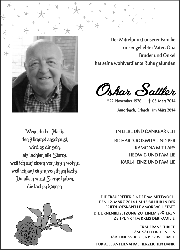  Traueranzeige für Oskar Sattler vom 10.03.2014 aus Odenwälder Echo