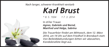 Traueranzeige von Karl Brust von Odenwälder Echo