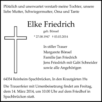 Traueranzeige von Elke Friedrich von Darmstädter Echo, Odenwälder Echo, Rüsselsheimer Echo, Groß-Gerauer-Echo, Ried Echo