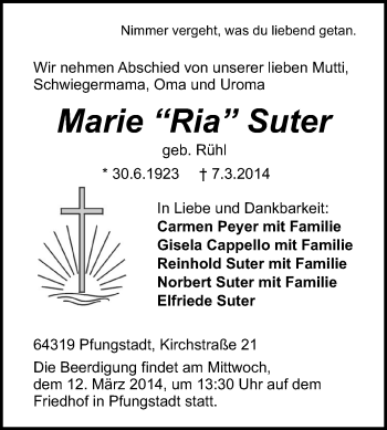 Traueranzeige von Marie Suter von Darmstädter Echo, Odenwälder Echo, Rüsselsheimer Echo, Groß-Gerauer-Echo, Ried Echo