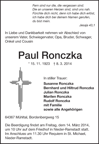 Traueranzeige von Paul Ronczka von Echo-Zeitungen (Gesamtausgabe)