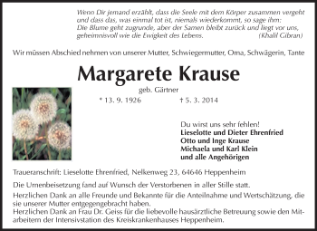 Traueranzeige von Margarete Krause von Starkenburger Echo