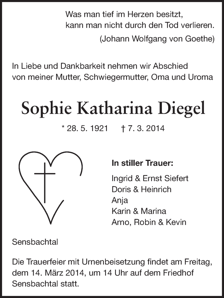  Traueranzeige für Sophie Katharina Diegel vom 11.03.2014 aus Odenwälder Echo