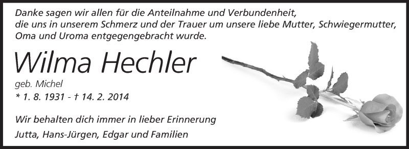  Traueranzeige für Wilma Hechler vom 13.03.2014 aus Echo-Zeitungen (Gesamtausgabe)