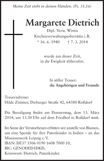 Traueranzeige von Margarete Dietrich von Echo-Zeitungen (Gesamtausgabe)