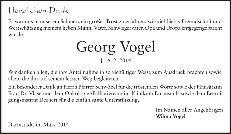  Traueranzeige für Georg Vogel vom 15.03.2014 aus Echo-Zeitungen (Gesamtausgabe)
